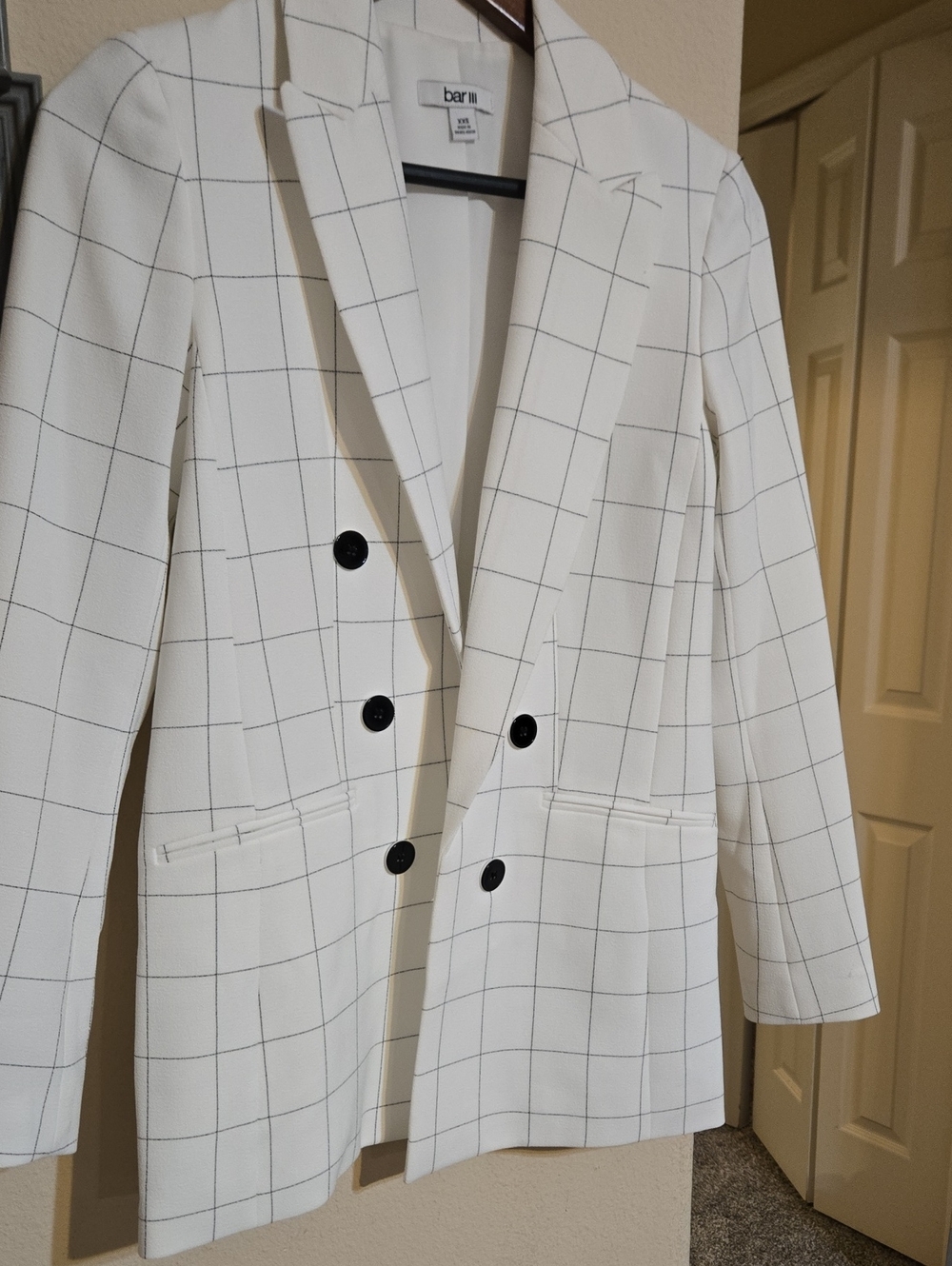 bar III Women's Windowpane Double-Breasted Blazer White XXS